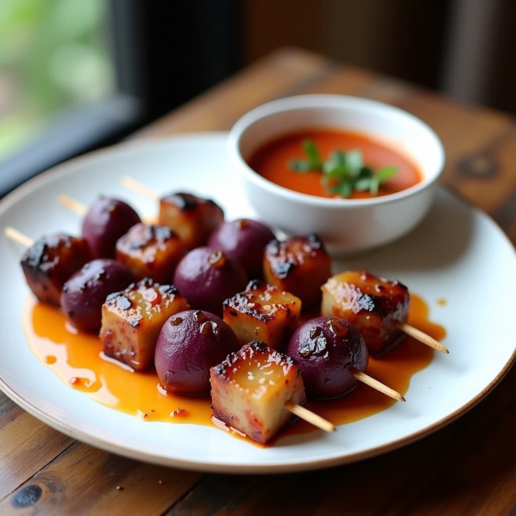 Brochetas de pulpo y patata morada con romesco en airfryer, presentadas en plato blanco con salsa espesa de color rojizo y perejil fresco espolvoreado. El pulpo dorado y la patata morada en trozos alternados brillan con un toque de aceite de oliva.