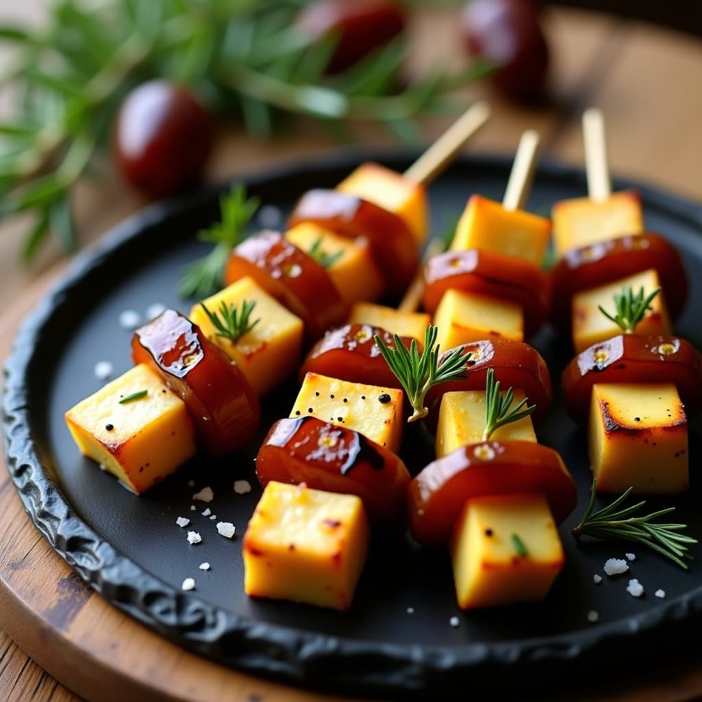 Brochetas doradas en airfryer con trozos de queso de cabra cremoso, dátiles caramelizados y reducción brillante de vinagre balsámico, servidas sobre un plato de pizarra con hierbas frescas de fondo.