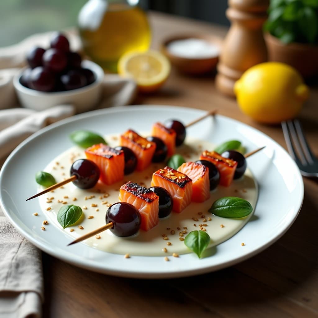 Brochetas de salmón ahumado y uvas negras doradas en airfryer, servidas sobre plato blanco con salsa cremosa de yogur de soja, decoradas con albahaca fresca y semillas de sésamo, receta italiana gourmet.