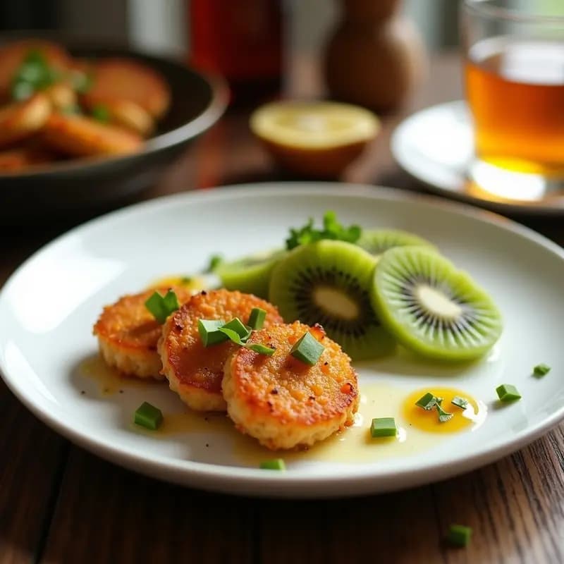Brochetas doradas de salmón y kiwi con salsa de miel y wasabi, servidas en plato blanco rústico con fondo de madera. Receta fusion japonesa-nezelandesa.