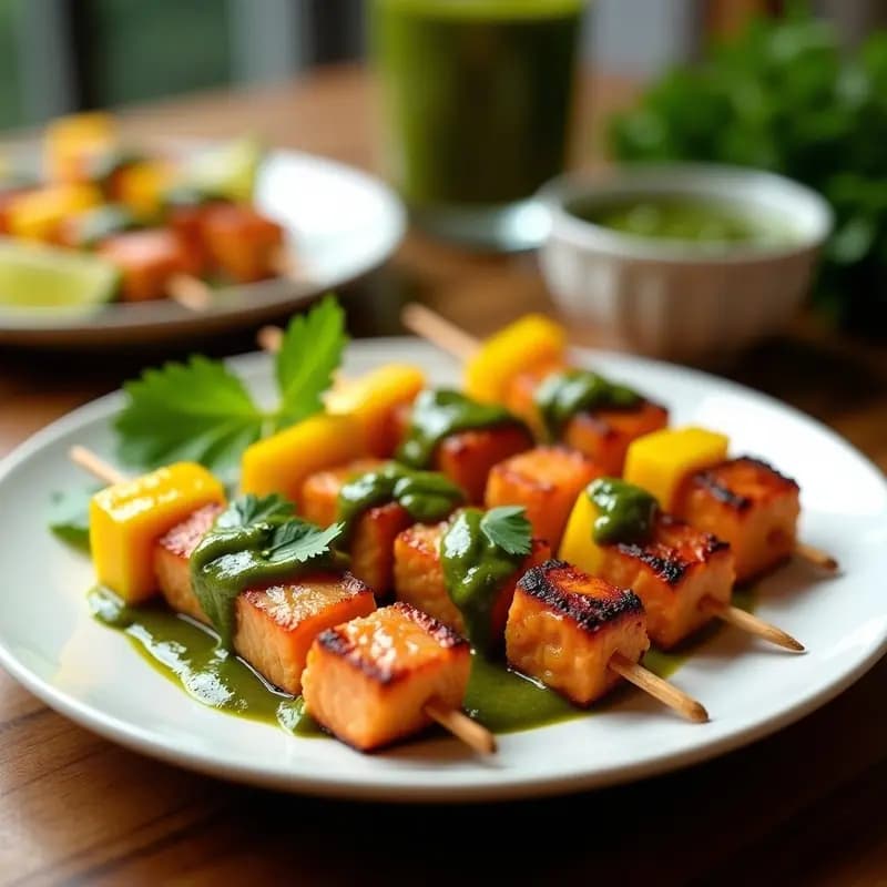 Brochetas de Salmón y Mango con Salsa de Cilantro: Receta Peruana Keto en Grill