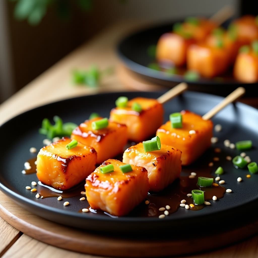 Brochetas de salmón marinado en miso y miel con trozos de piña caramelizada dorada, servidas en plato de cerámica negra con semillas de sésamo y cebollino espolvoreado. Receta Nikkei en Airfryer con fondo desenfocado de cocina moderna.