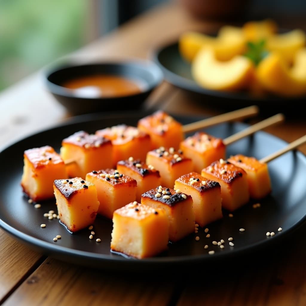 Brochetas doradas de salmón y piña fresca con glaseado brillante de miso blanco, servidas sobre un plato de cerámica negra con semillas de sésamo negro espolvoreadas. Receta japonés-peruana en airfryer.
