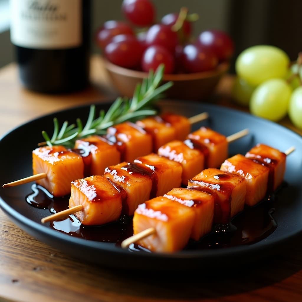 Brochetas doradas de salmón y uvas blancas glaseadas con reducción de Oporto, servidas en plato negro con romero fresco y salsa brillante.
