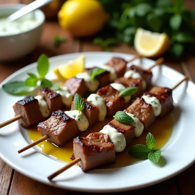 Brochetas de satziki de cordero al estilo griego, con cubos de cordero dorado y yogur griego cremoso, servidas en plato de cerámica blanca con hierbas frescas y limón, receta alta en proteína.