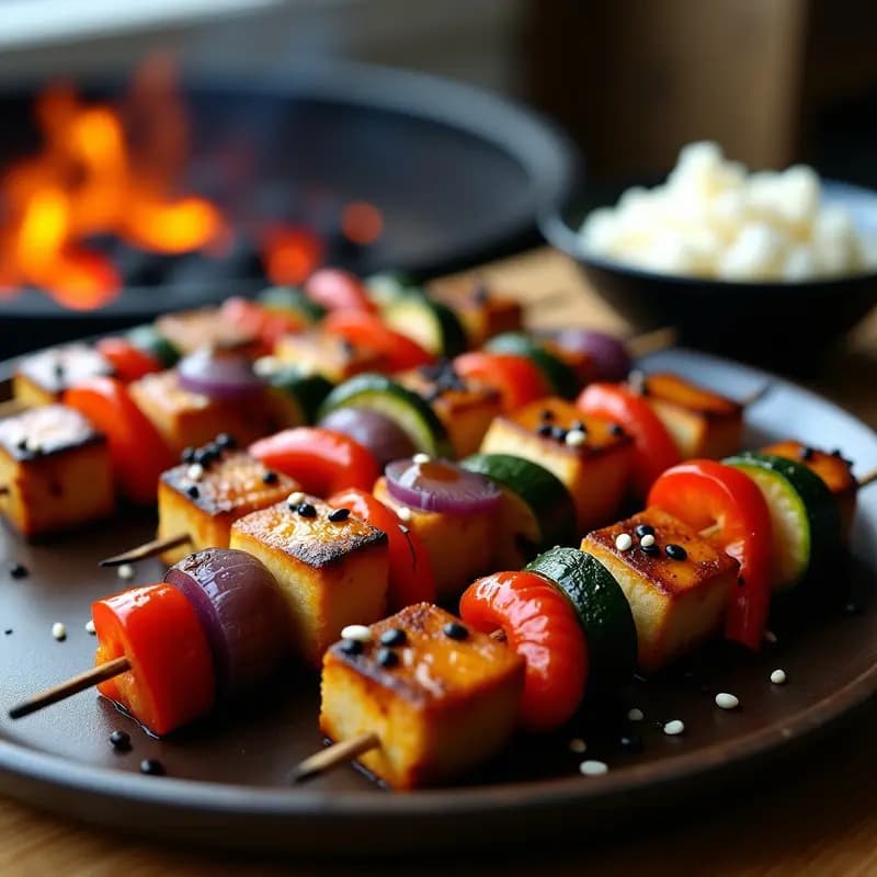 Brochetas de tempeh marinado en miso y limón con verduras a la parrilla, receta japonesa vegana con pimiento rojo, calabacín y champiñones asados, espolvoreadas con semillas de sésamo negro y blanco sobre fondo rústico de madera.