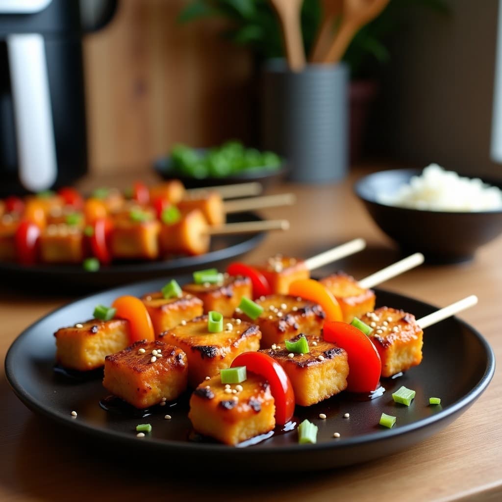 Brochetas de tempeh dorado marinado en miso y miel, alternado con trozos de pimiento rojo y amarillo asados, servidas en un plato de cerámica negra con semillas de sésamo y cebollino espolvoreados. Fondo borroso con utensilios de madera y airfryer al fondo.