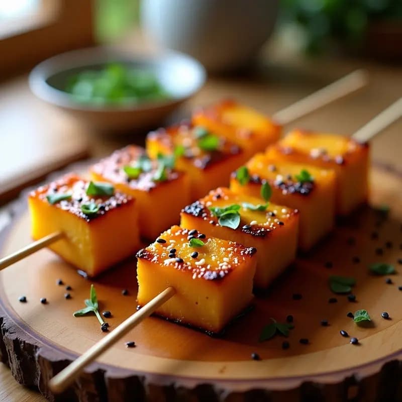 Brochetas de teriyaki de piña y tempeh vegano a la plancha, con trozos dorados de tempeh y piña caramelizada, espolvoreadas con semillas de sésamo negro, servidas sobre una tabla de madera rústica con fondo desenfocado.