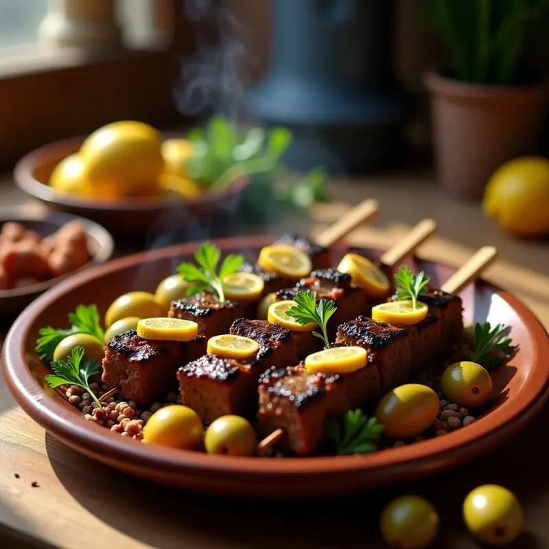 Brochetas de ternera marjada doradas en parrilla, con trozos de limón confitado y aceitunas negras, servidas sobre cebolla morada salteada y hierbabuena fresca, receta marroquí tradicional.