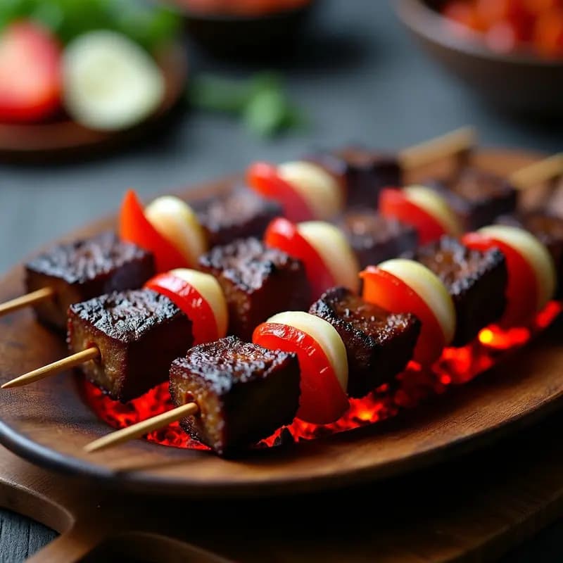 Brochetas de ternera marinada en adobo filipino doradas en la barbacoa, con trozos de cebolla morada y pimiento rojo caramelizados, servidas sobre una tabla de madera rústica con limón y hierbas frescas.