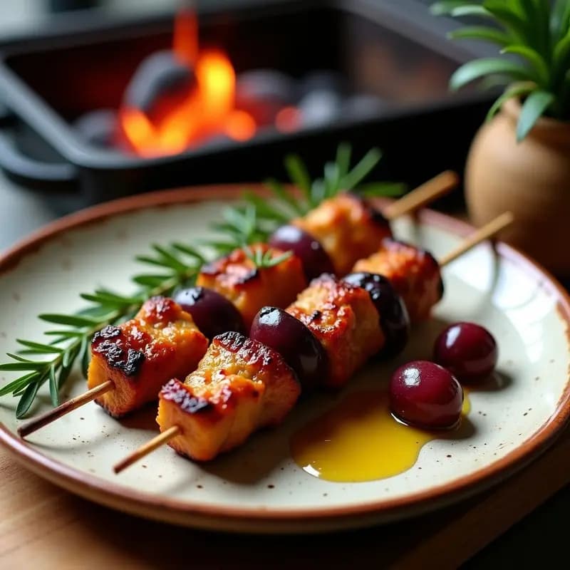 Brochetas de ternera y ciruelas pasas con glaseado de pimentón servidas en plato de barro, doradas y caramelizadas, sobre fondo de grill humeante.