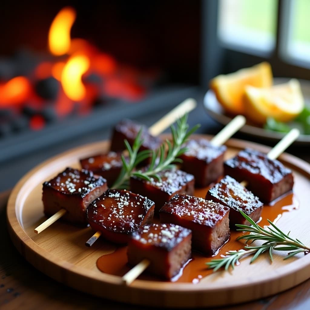 Brochetas de ternera doradas al grill con trozos de ciruelas pasas caramelizadas y ramitas de romero fresco, servidas en una fuente de madera rústica con fondo de parrilla humeante.