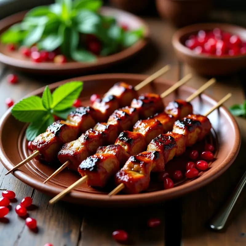 Brochetas de ternera doradas en grill, marinadas en salsa de granadas y azafrán, servidas en fuente de barro con granos de granada frescos y hojas de menta como decoración, receta persa tradicional.