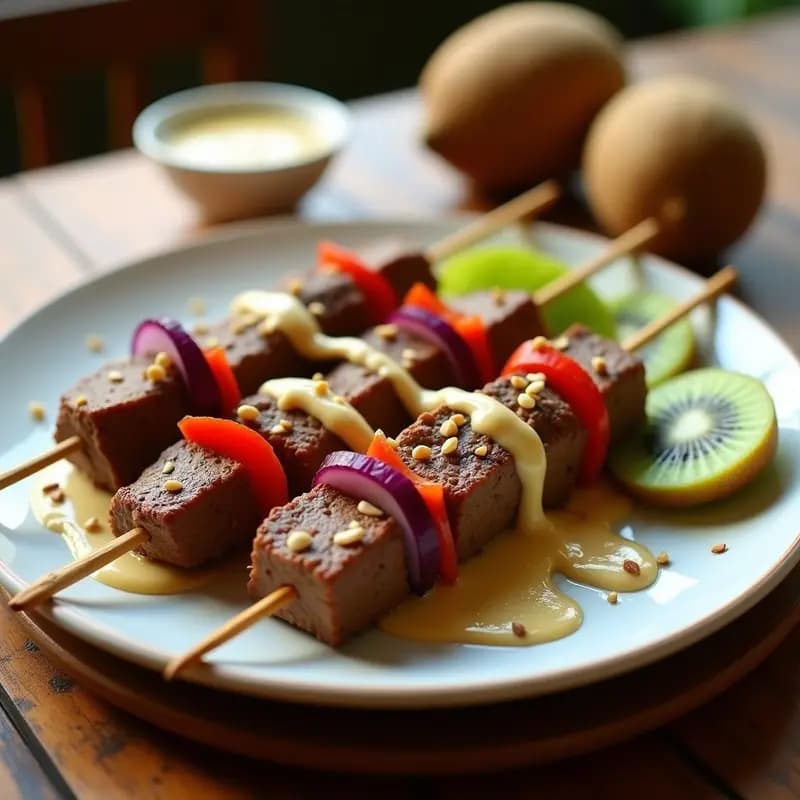 Brochetas de ternera doradas con trozos de cebolla morada y pimiento verde, servidas en plato blanco con salsa de sésamo espesa y semillas tostadas. Receta china alta en proteína con kiwi.