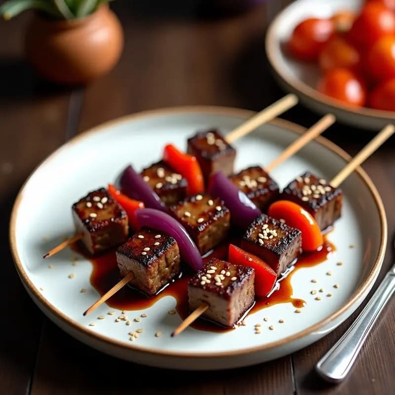 Brochetas de ternera doradas en grill con trozos de cebolla morada y pimiento rojo, bañadas en salsa de ciruela y jengibre, servidas en plato rústico con semillas de sésamo espolvoreadas. Receta china gourmet casera.