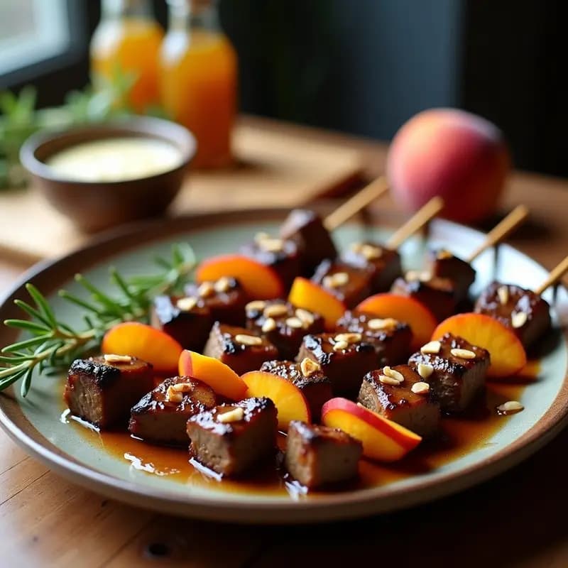 Brochetas de ternera y melocotón doradas a la parrilla, con trozos jugosos de carne y melocotón caramelizado, servidas en plato rústico de barro con salsa cremosa de romero y almendras tostadas espolvoreadas.