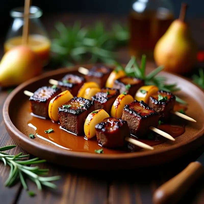 Brochetas de ternera y pera asadas en grill con salsa de mostaza de Dijon, presentadas en plato rústico con romero fresco y miel chorreando.