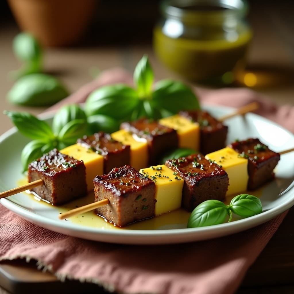 Brochetas de ternera marjada en pesto de albahaca y queso pecorino doradas en airfryer, con el queso gratinado y la carne jugosa, servidas en plato blanco sobre mesa de madera rústica.
