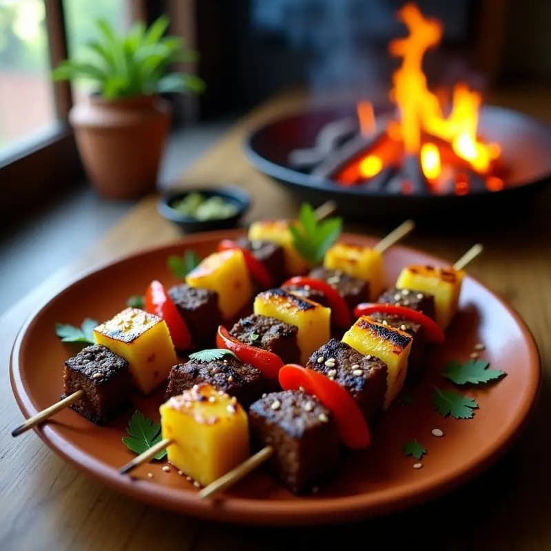 Brochetas de ternera marinada con piña y pimiento asadas en parrilla, estilo Tamar de la India, con trozos dorados y caramelizados, servidas en fuente de barro con cilantro fresco.