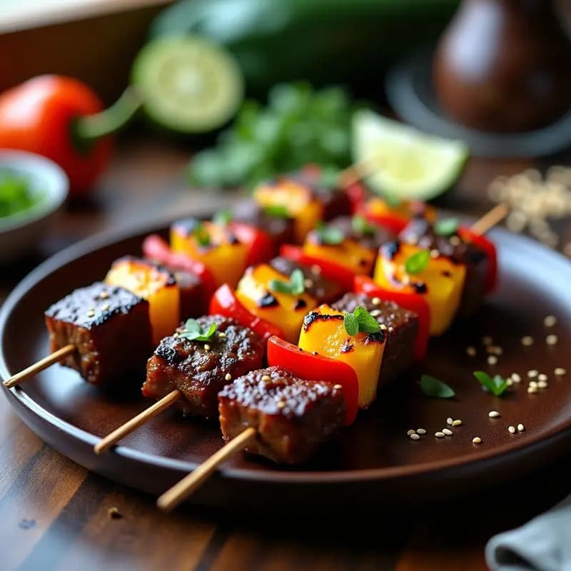 Brochetas de ternera marinada con trozos de piña dorada y pimientos rojos y amarillos asados, servidas en plato de madera oscuro con semillas de sésamo espolvoreadas, receta fusion chino-tailandesa a la parrilla.