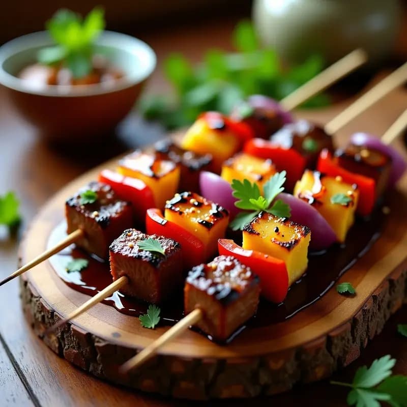 Brochetas de ternera y piña asadas a la parrilla, con trozos dorados de carne, piña caramelizada, cebolla morada y pimiento rojo, bañadas en salsa de ostras brillante y espolvoreadas con semillas de sésamo, sobre un plato de cerámica negra con fondo de madera rústica.