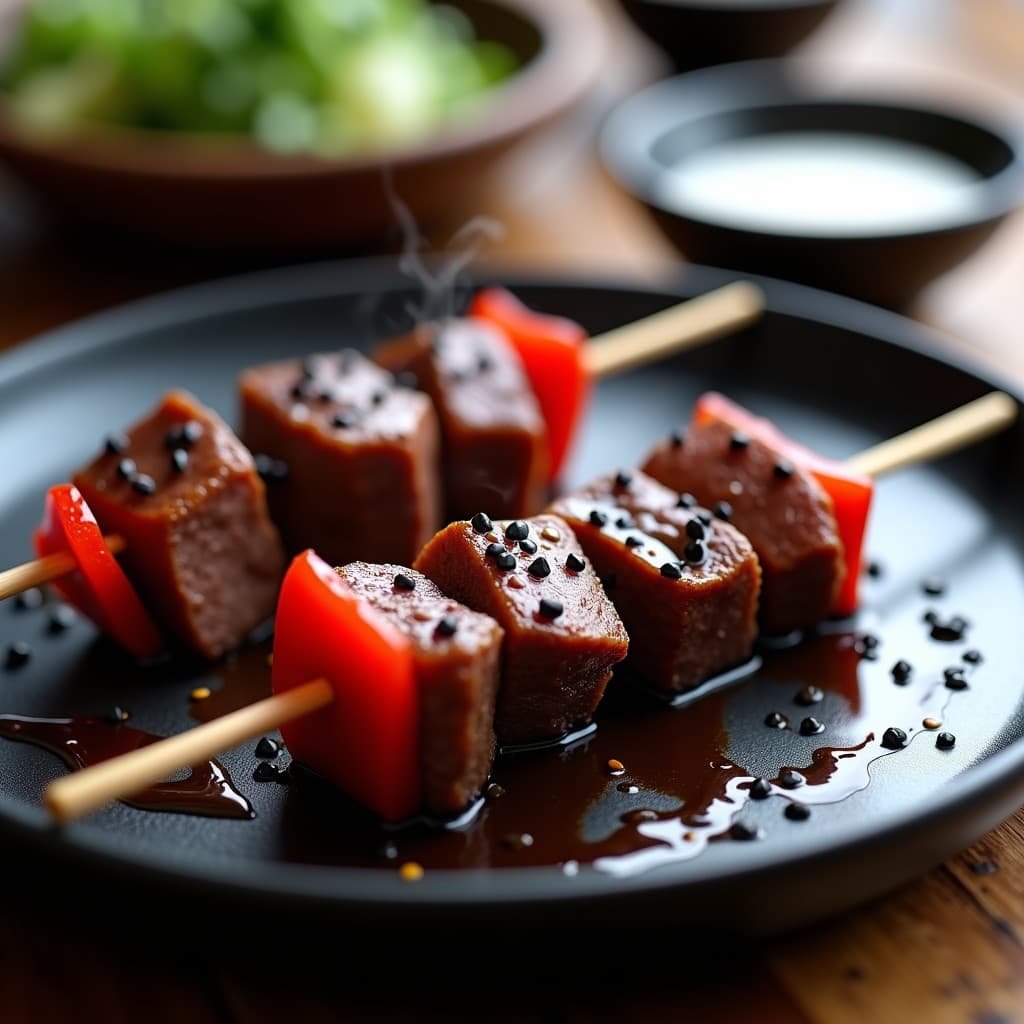 Brochetas de ternera doradas con trozos de cebolla morada y pimiento rojo, bañadas en salsa brillante de ciruela umeboshi, servidas en plato de cerámica negra con semillas de sésamo negro espolvoreadas. Receta japonesa en olla express.