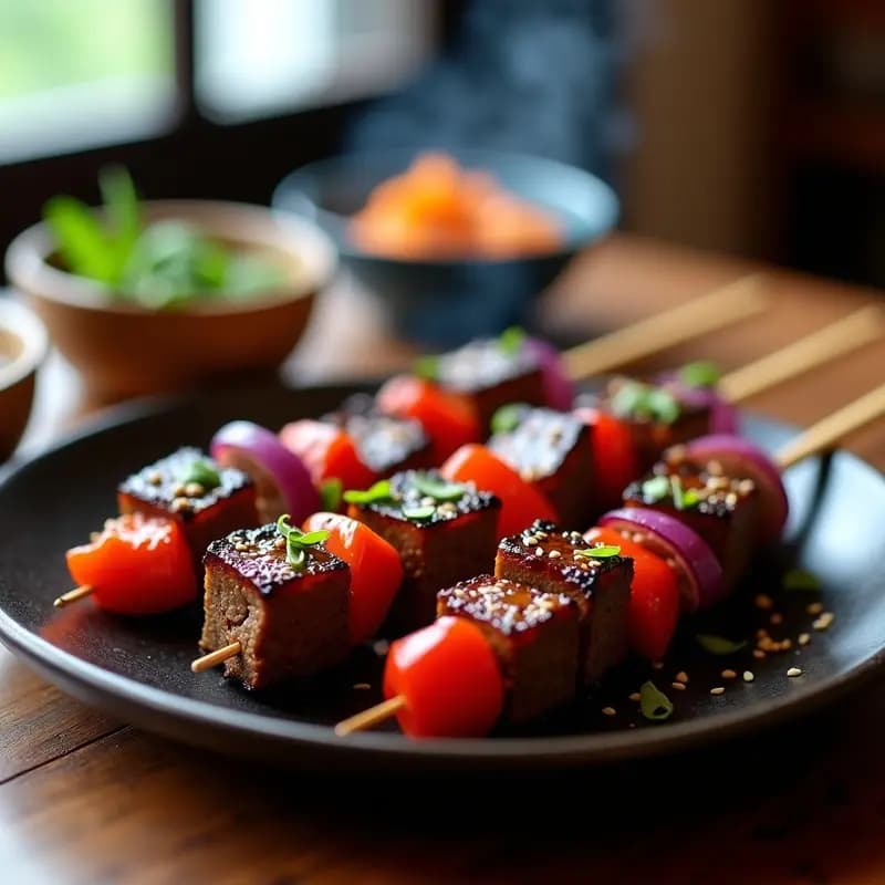 Brochetas de ternera marinada en salsa de ostras cantonesa, grilladas a la perfección con trozos de cebolla morada y pimiento rojo, espolvoreadas con semillas de sésamo y servidas sobre un plato de madera oscura con fondo de humo.