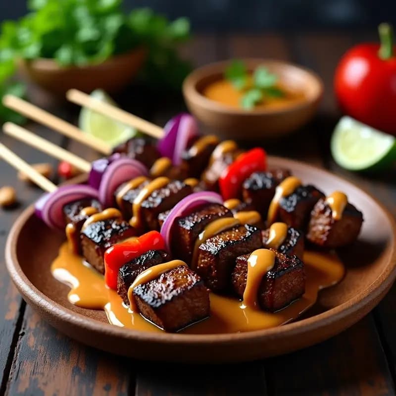 Brochetas de ternera doradas en grill con trozos de cebolla morada y pimiento rojo, servidas sobre un plato de madera con salsa satay de cacahuete cremosa y un toque de chile fresco. Receta indonesia con toque picante.