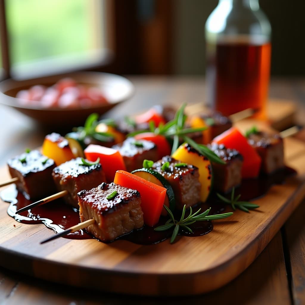Brochetas de ternera doradas al grill con trozos de cebolla morada, pimiento rojo y calabacín, marinadas en vinagre de Módena y romero fresco, servidas sobre una tabla de madera rústica con un hilo de reducción de vinagre brillante.