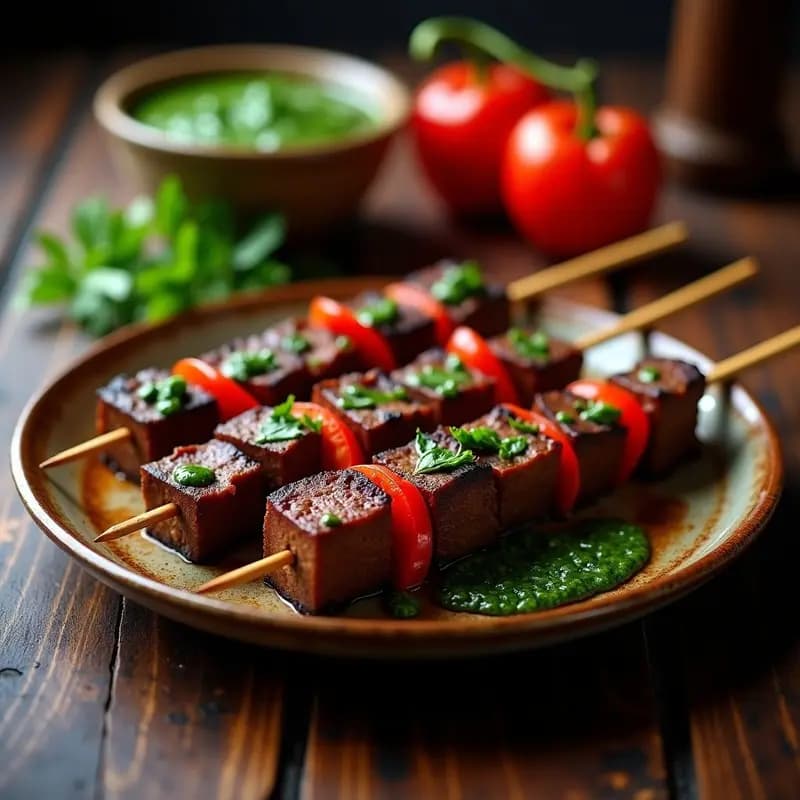 Brochetas de terneza de res cocinadas en grill, doradas y jugosas, servidas en plato rústico con chimichurri verde de perejil y ajo, acompañadas de cebolla morada y pimiento rojo asado.