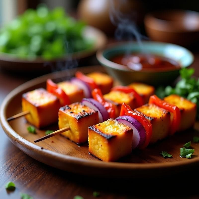 Brochetas de tofu ahumado y lachi asadas, con trozos dorados de calabaza china y tofu, servidas en plato de madera con salsa de ostra vegetal al lado. Receta china vegana fácil y casera.