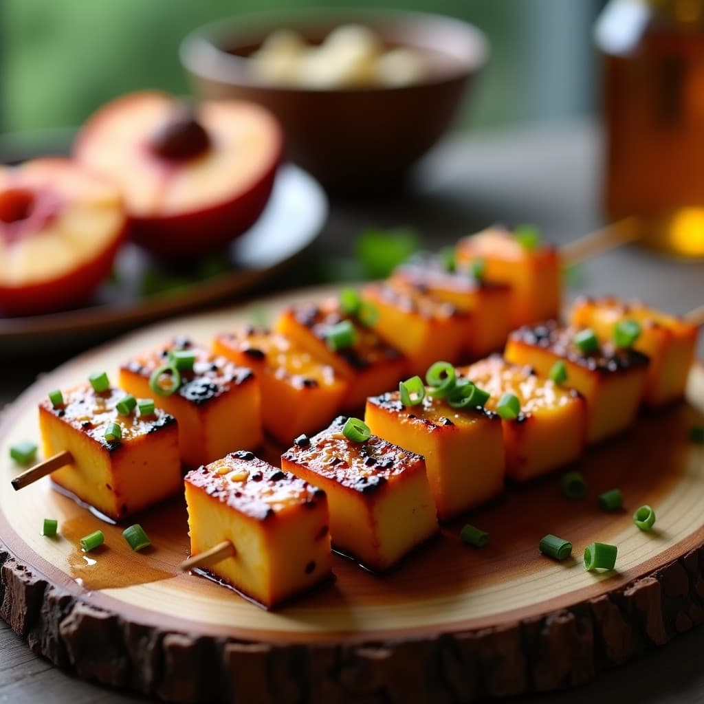 Brochetas doradas en grill con trozos de tofu ahumado y melocotón caramelizado, glaseadas con miel de jengibre y espolvoreadas con semillas de sésamo negro y blanco, servidas sobre una tabla de madera rústica con cebollino fresco.