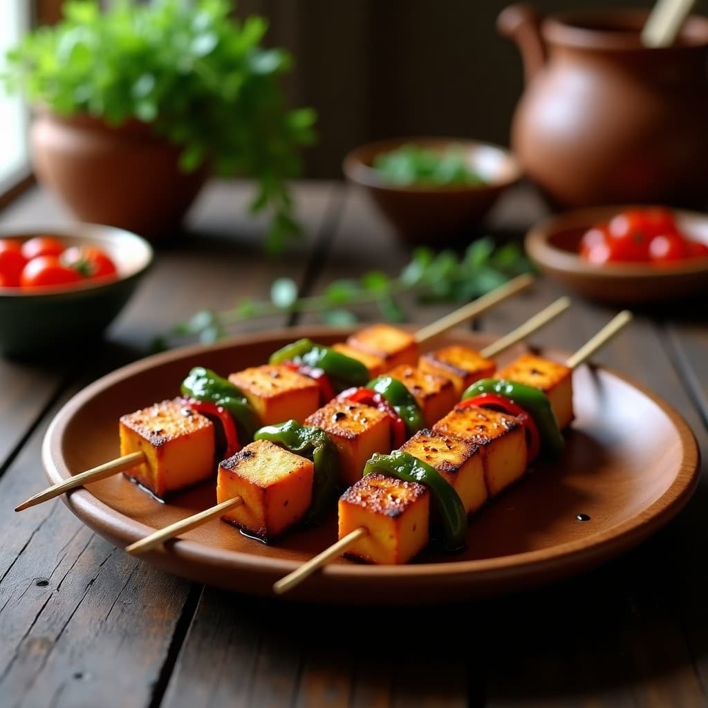 Brochetas de tofu ahumado dorado y pimientos del padrón verdes y rojos, servidas en plato de madera rústico con fondo de cocina tradicional española, receta vegana en Thermomix.