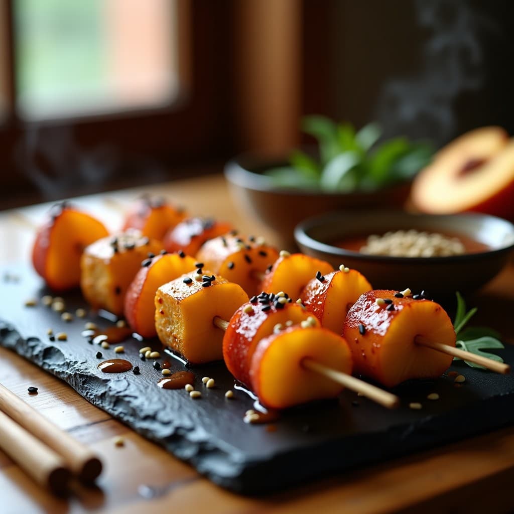 Brochetas de tofu ahumado y melocotón doradas en airfryer, con reducción de sake brillante, semillas de sésamo negro y un hilo de aceite de sésamo sobre fondo oscuro.