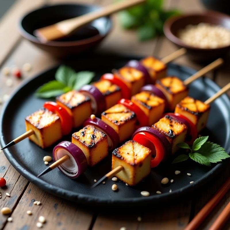 Brochetas de tofu dorado y verduras asadas en grill, con semillas de sésamo y brillo del marinado de miso negro, receta japonesa vegana.