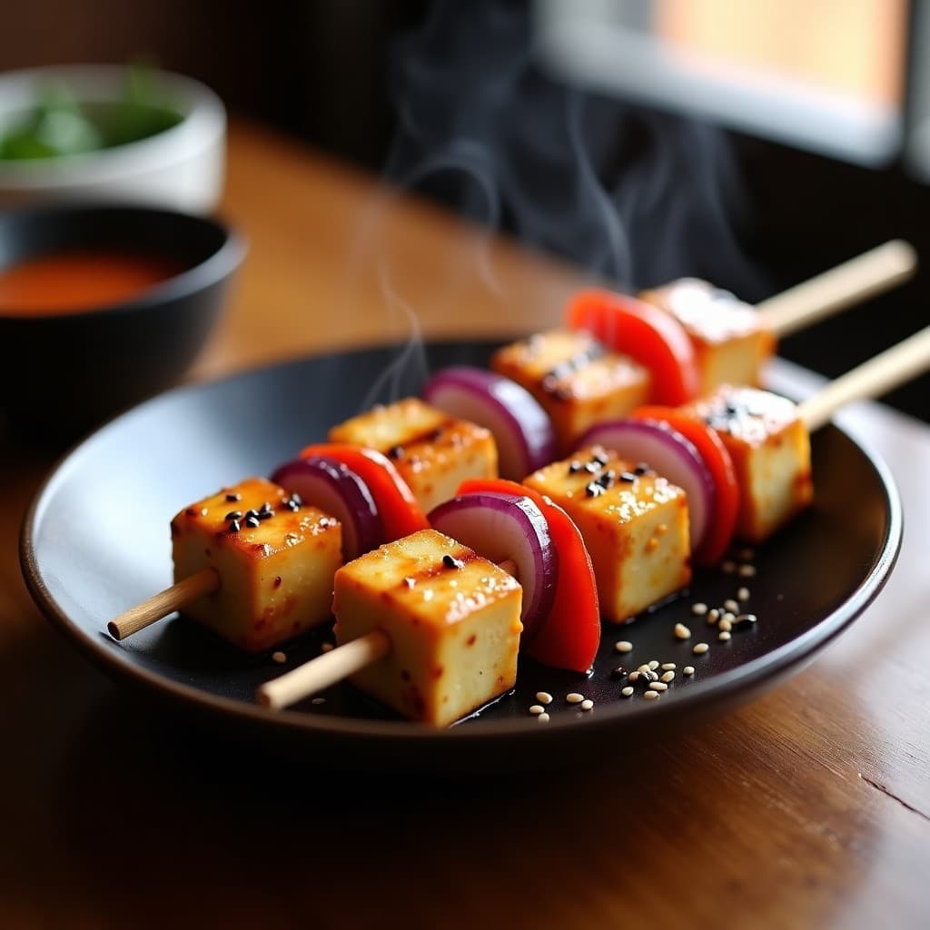 Brochetas de tofu dorado marinado en misos y umeboshi, ensartadas con trozos de cebolla morada y pimiento rojo, servidas en plato de cerámica negra con semillas de sésamo negro espolvoreadas. Receta japonesa vegana en 15 minutos.