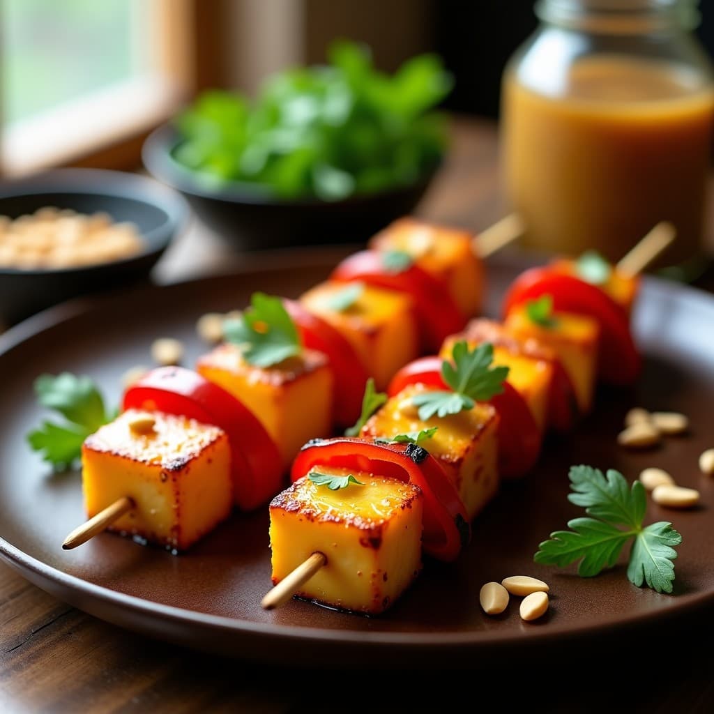 Brochetas de tofu dorado y crujiente, piña caramelizada y pimiento rojo asado, dispuestas en un plato de madera con cacahuetes triturados y cilantro fresco. Receta tailandesa en airfryer con fondo borroso de cocina.