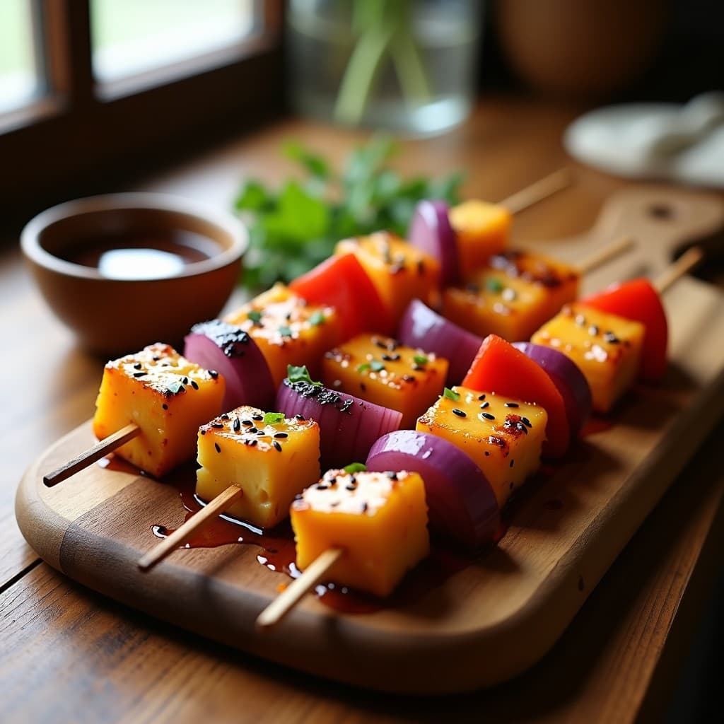 Brochetas veganas al horno con tofu dorado, piña caramelizada, cebolla morada y pimiento rojo, glaseadas con salsa teriyaki brillante y espolvoreadas con semillas de sésamo negro sobre bandeja de horno.