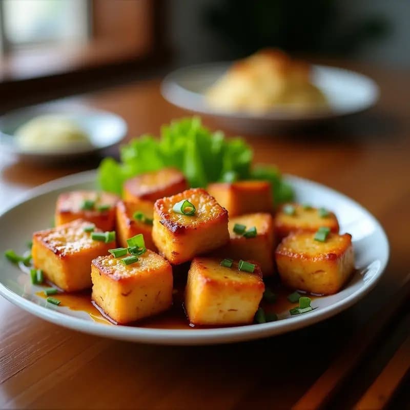 Brochetas de tofu dorado y piña caramelizada al estilo yakitori japonés, con semillas de sésamo y cilantro, servidas sobre una tabla de madera con fondo de grill humeante.