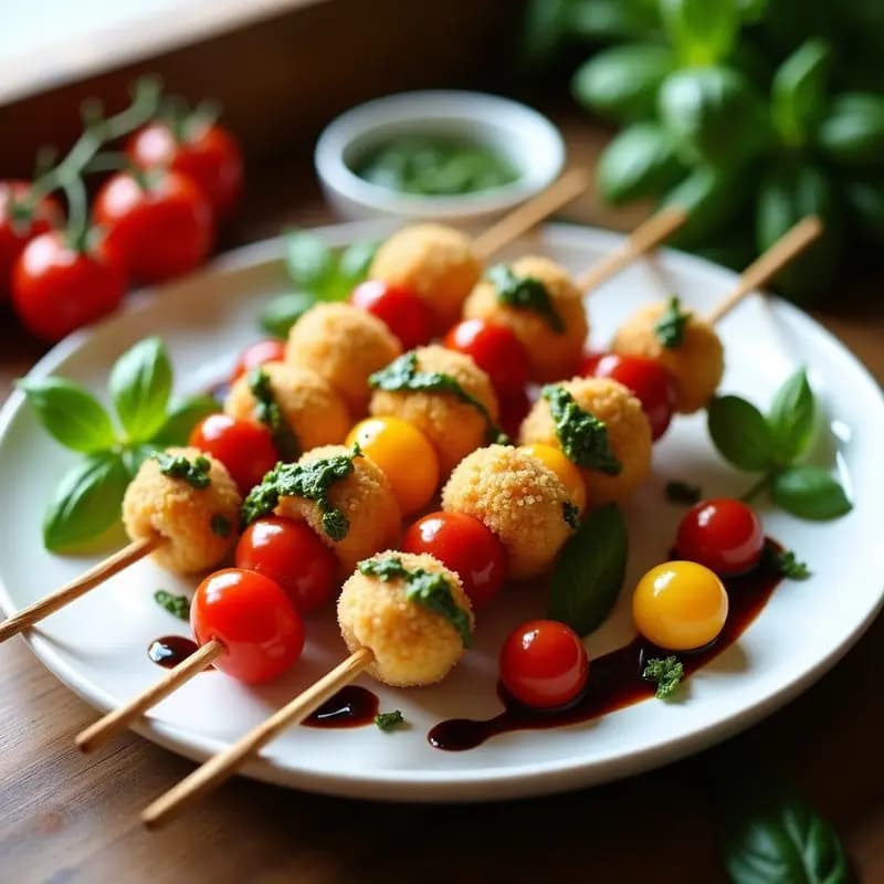 Brochetas doradas de tomate cherry rojo y amarillo con mozzarella empanizada crujiente, servidas sobre un plato blanco con pesto de albahaca verde y glaseado de vinagre balsámico y miel, aperitivo italiano en airfryer.