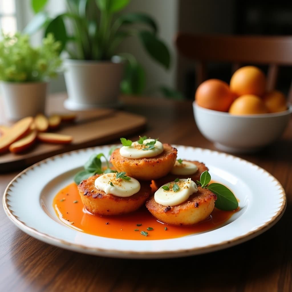 Brochetas doradas de queso halloumi y gajos de toronja rosa en airfryer, con hojas de albahaca fresca y un hilo de miel de azahar, servidas en plato blanco rústico con fondo de madera clara.