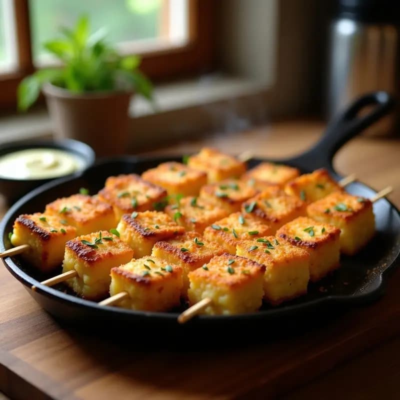 Brochetitas doradas y crujientes de mozzarella fundente y halloumi firme, ensartadas en palillos de madera sobre una plancha humeante, con un fondo rústico de madera y hierbas frescas. Entrante chipriota crujiente listo para servir.