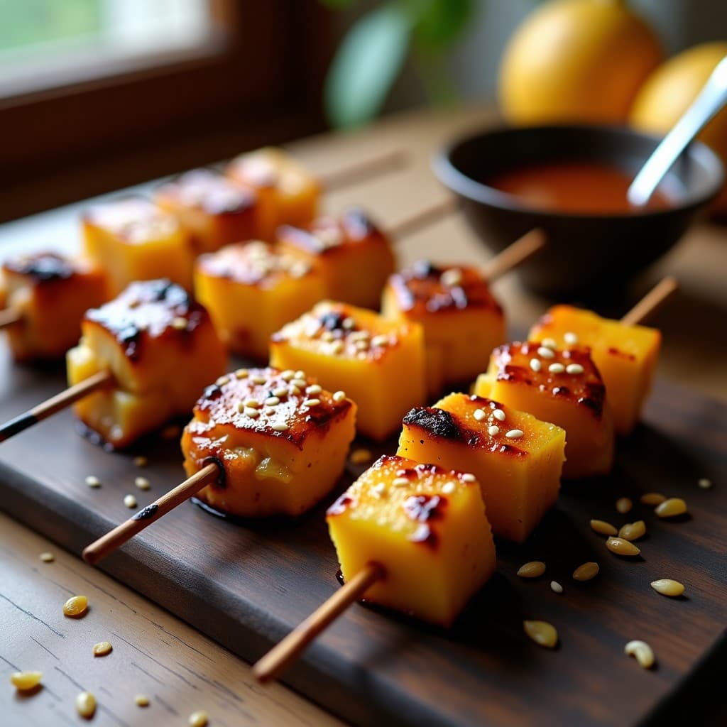 Brochetitas de pollo teriyaki dorado y piña asada caramelizada en palillos de madera, servidas sobre una tabla de madera oscura con semillas de sésamo espolvoreadas y salsa teriyaki al lado, receta en airfryer con toque dulce.