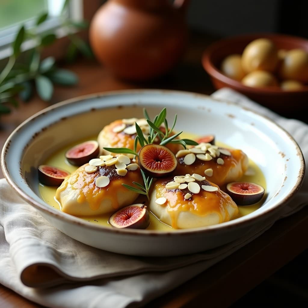 Plato hondo de cerámica blanca con brodas de pollo en salsa cremosa de queso de cabra, coronado con higos caramelizados dorados y almendras fileteadas tostadas. Receta griega en olla exprés.