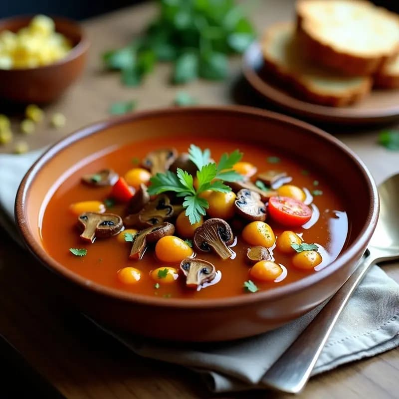 Brodet de pescado sin pescado en cuenco hondo de barro, con estofado espeso de hongos portobello y shiitake, tomates secos y hierbas frescas, servido con pan rústico al lado.