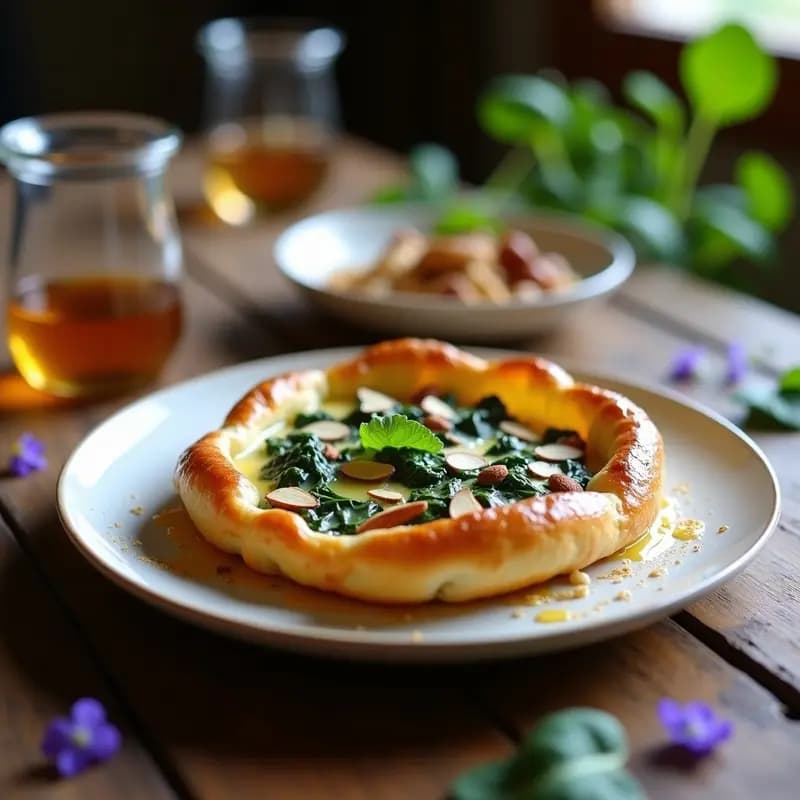 Brogen de espinacas y queso de cabra con miel de lavanda, entrante francés en hojaldre dorado y crujiente, decorado con piñones y almendras fileteadas sobre fondo rústico.