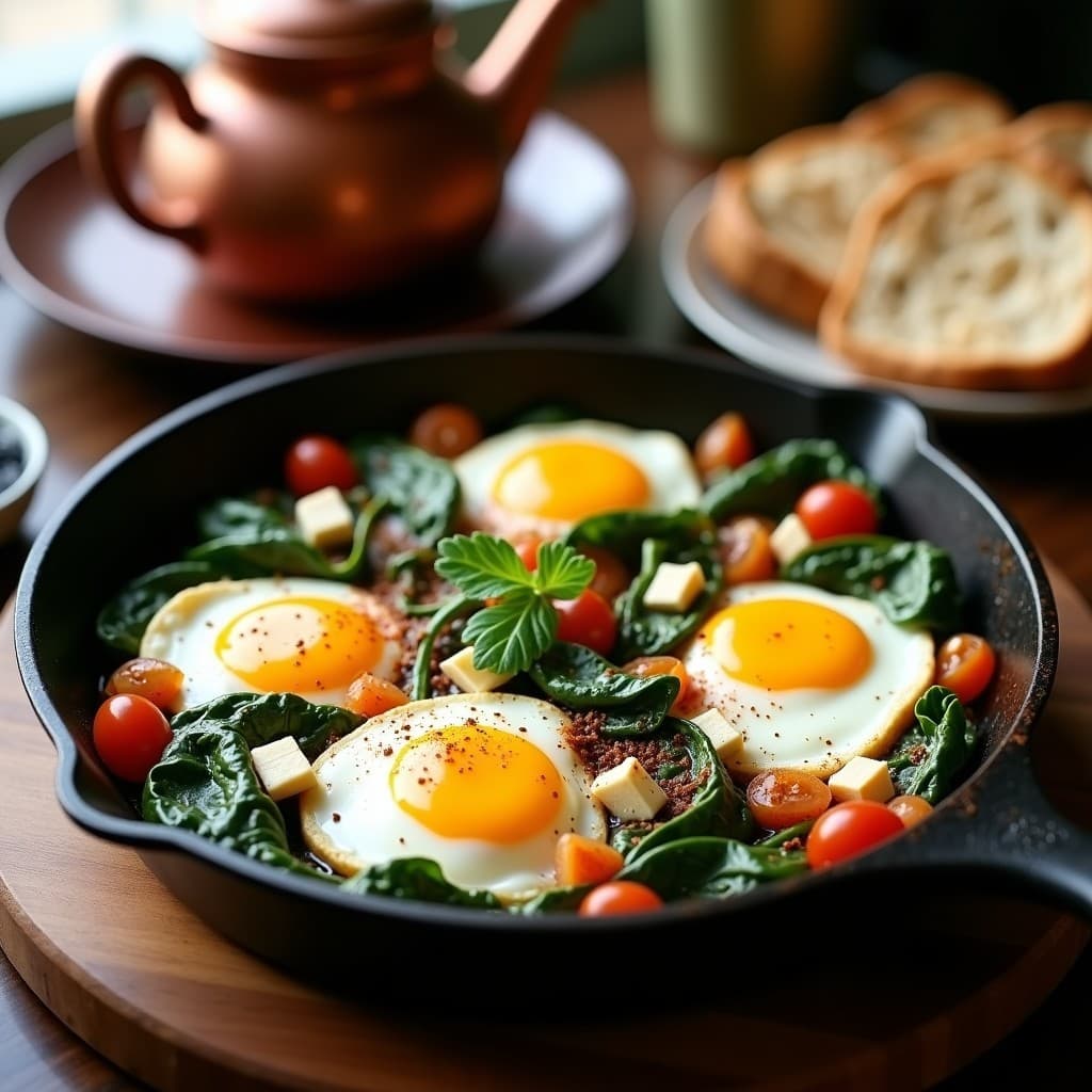 Sartén de hierro fundido con Broken Eggs turco: huevos rotos en trozos grandes sobre espinacas salteadas, queso de cabra desmenuzado y perejil fresco, con un toque de pimentón y comino.