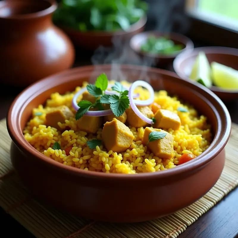 Plato hondo de cerámica negra con Broken Rice con Pollo al Cúrcuma y Hierbas camboyana, arroz roto dorado, trozos de pollo amarillento por la cúrcuma, decorado con cilantro fresco y rodajas de chile rojo. Fondo rústico con hierbas frescas y especias al lado.