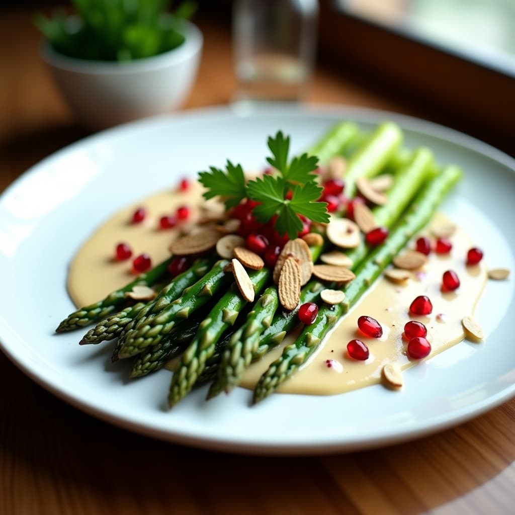 Plato blanco alargado con brotas de espárragos trigueros frescos, bañados en una vinagreta cremosa de tahini y granado. Decorado con semillas de granado rojas, almendras fileteadas tostadas y hojas de menta fresca. Fondos borrosos con toques de luz natural para resaltar la frescura del plato vegano y crudivegano.