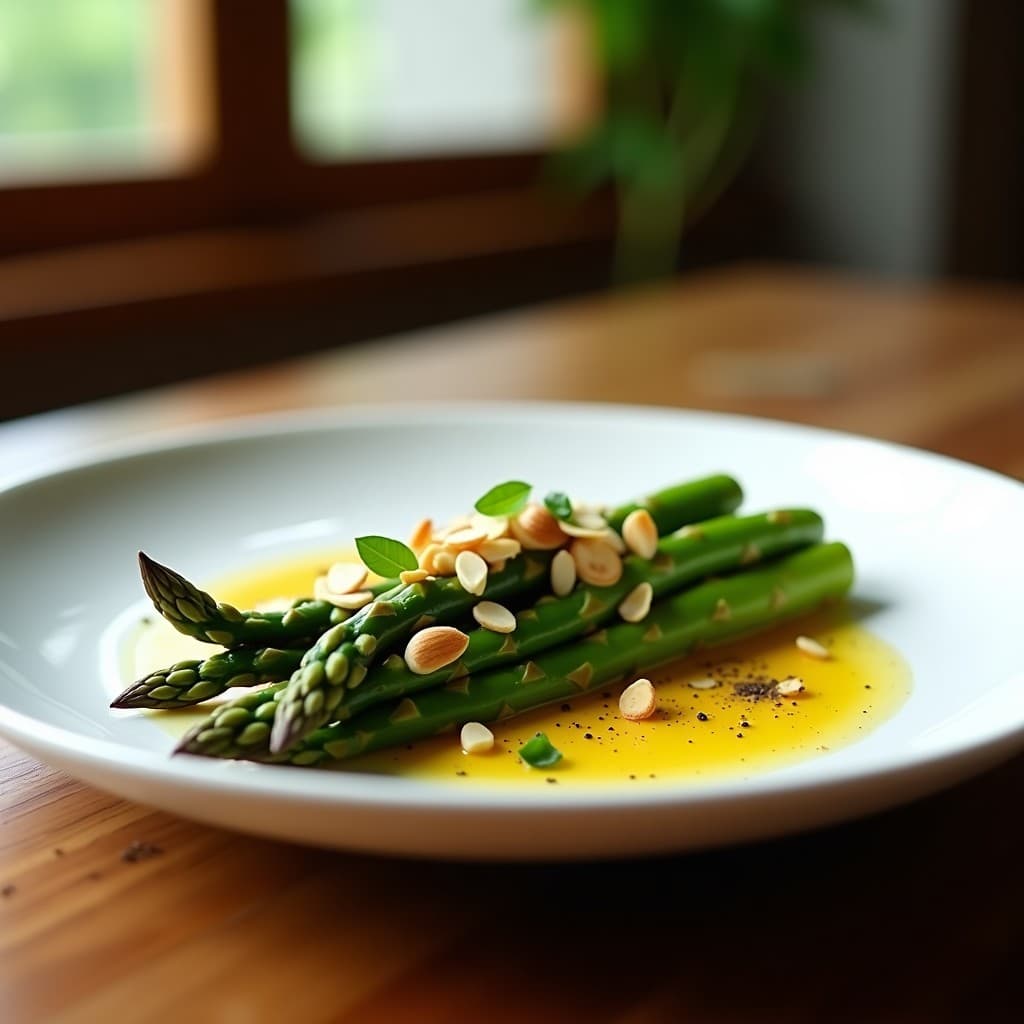 Plato blanco con brotes de espárragos verdes crudos, bañados en vinagreta dorada de mostaza y miel de agave, decorados con almendras tostadas y cebollino fresco. Receta vegana y sin gluten.